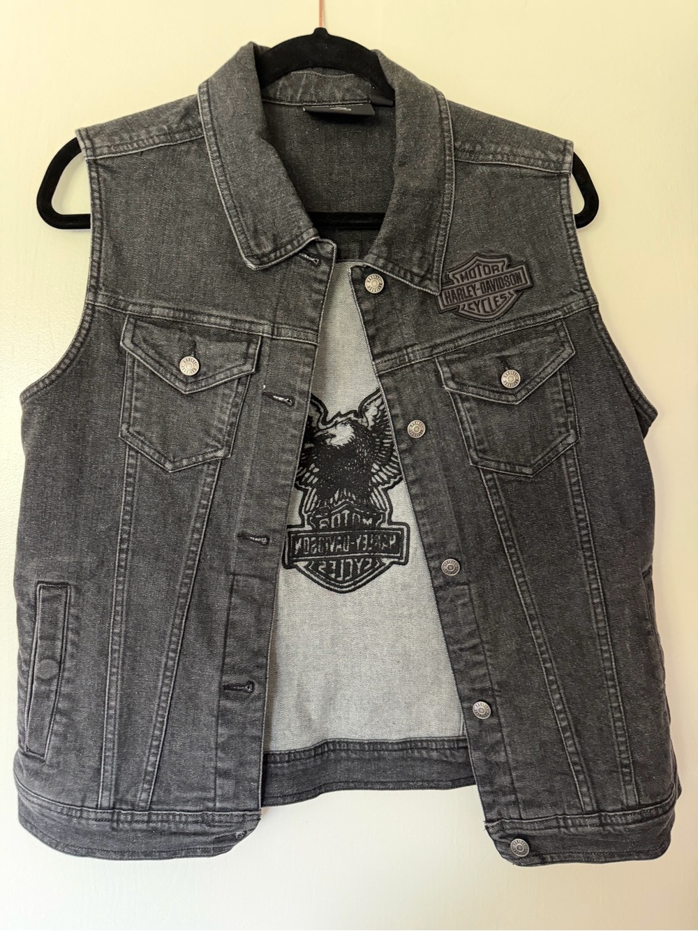 Harley-Davidson Gray Black Washed Denim Vest with Eagle Patch